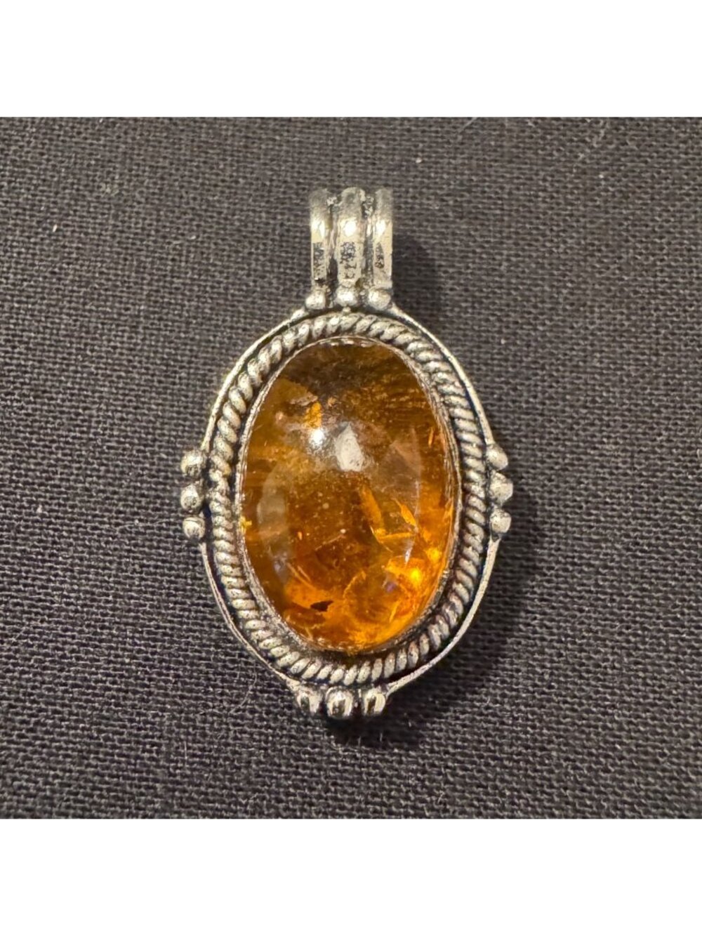 Solid Sterling Silver 925 Cabochon Amber Bezel Set Pendant Size 1" Length